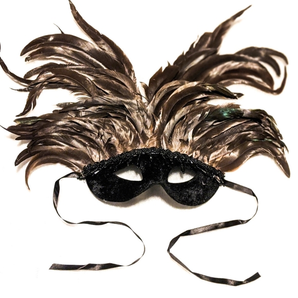 Handmade Accessories - Black Velvet & Chocolate Brown Mask with Feathers
